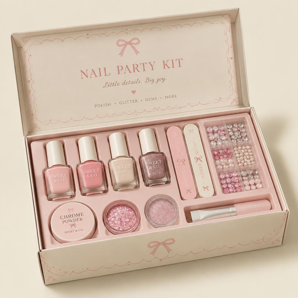 Nail party kit with polish, tips and nail tools
